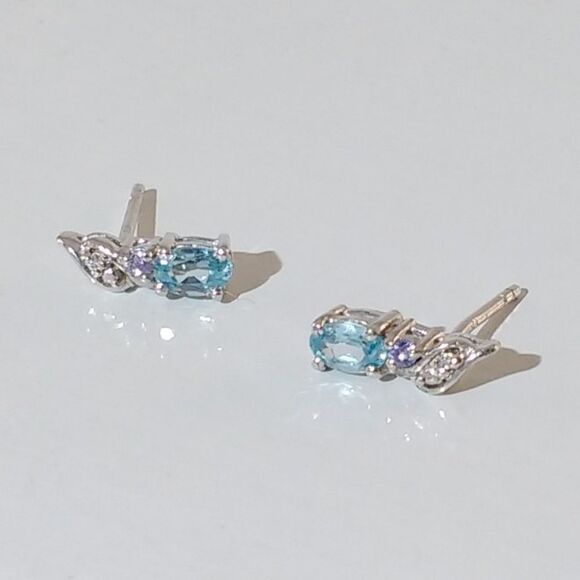 Blue Zircon, Tanzanite, Diamond Oval Post Earrings - Picture 3 of 6